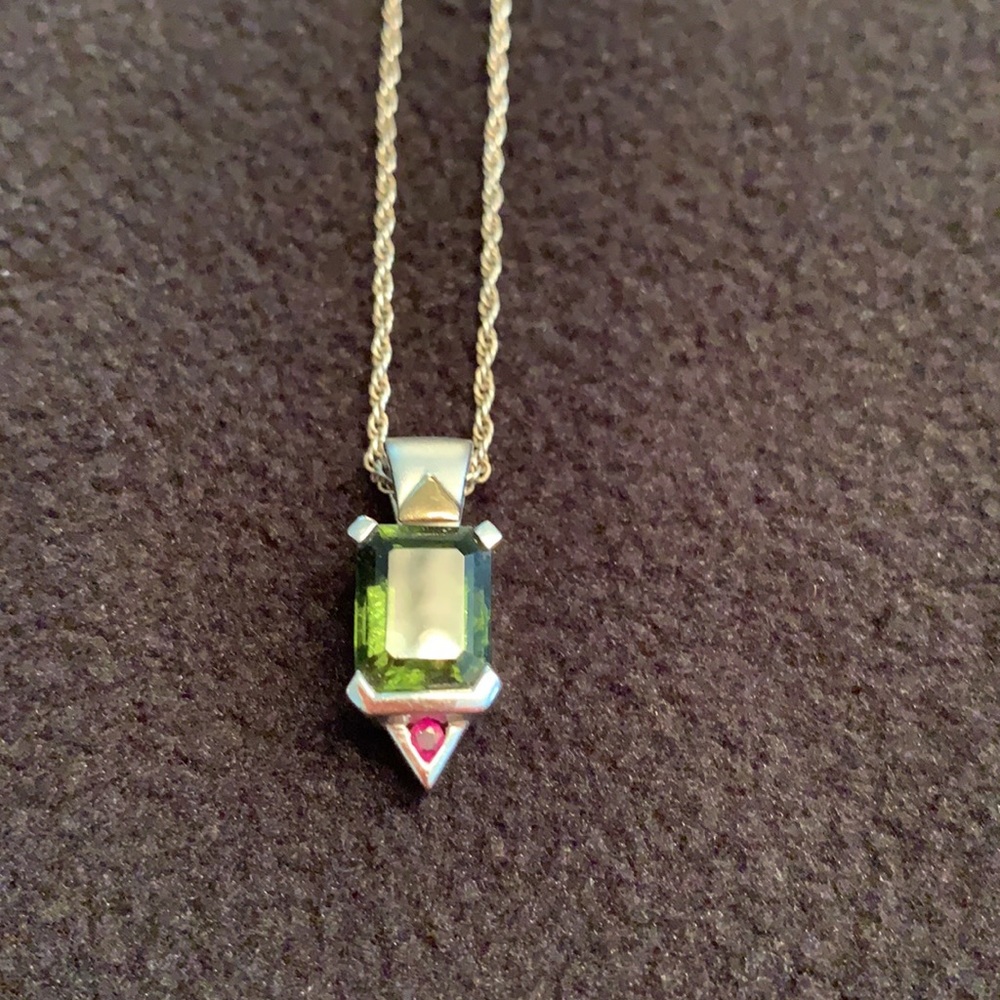 Art-Deco Inspired Pendant on Silver Tone Necklace